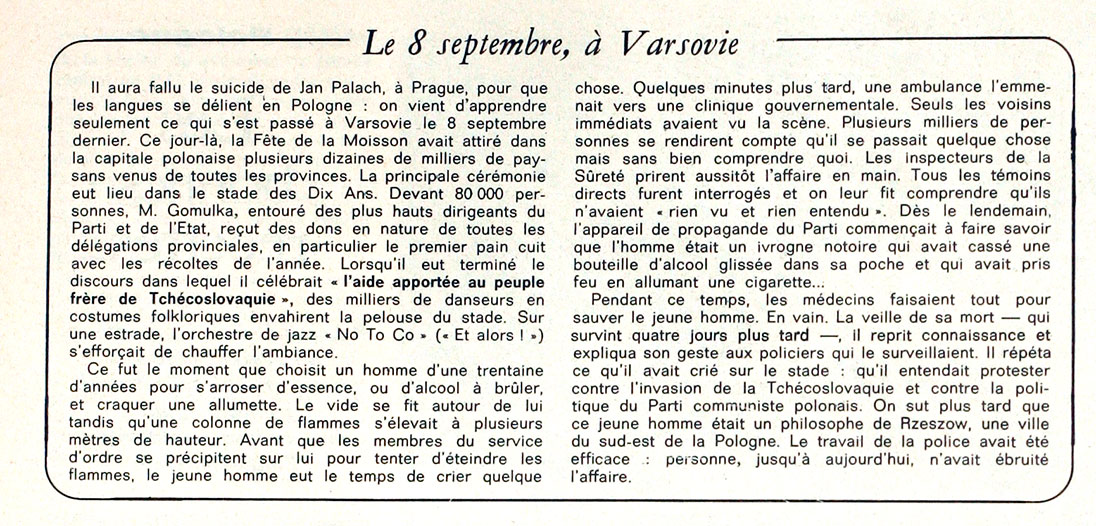 Okładka francuskiego tygodnika „Le Nouvel Observateur” i wzmianka o wydarzeniach
        z 8 września 1968 r.